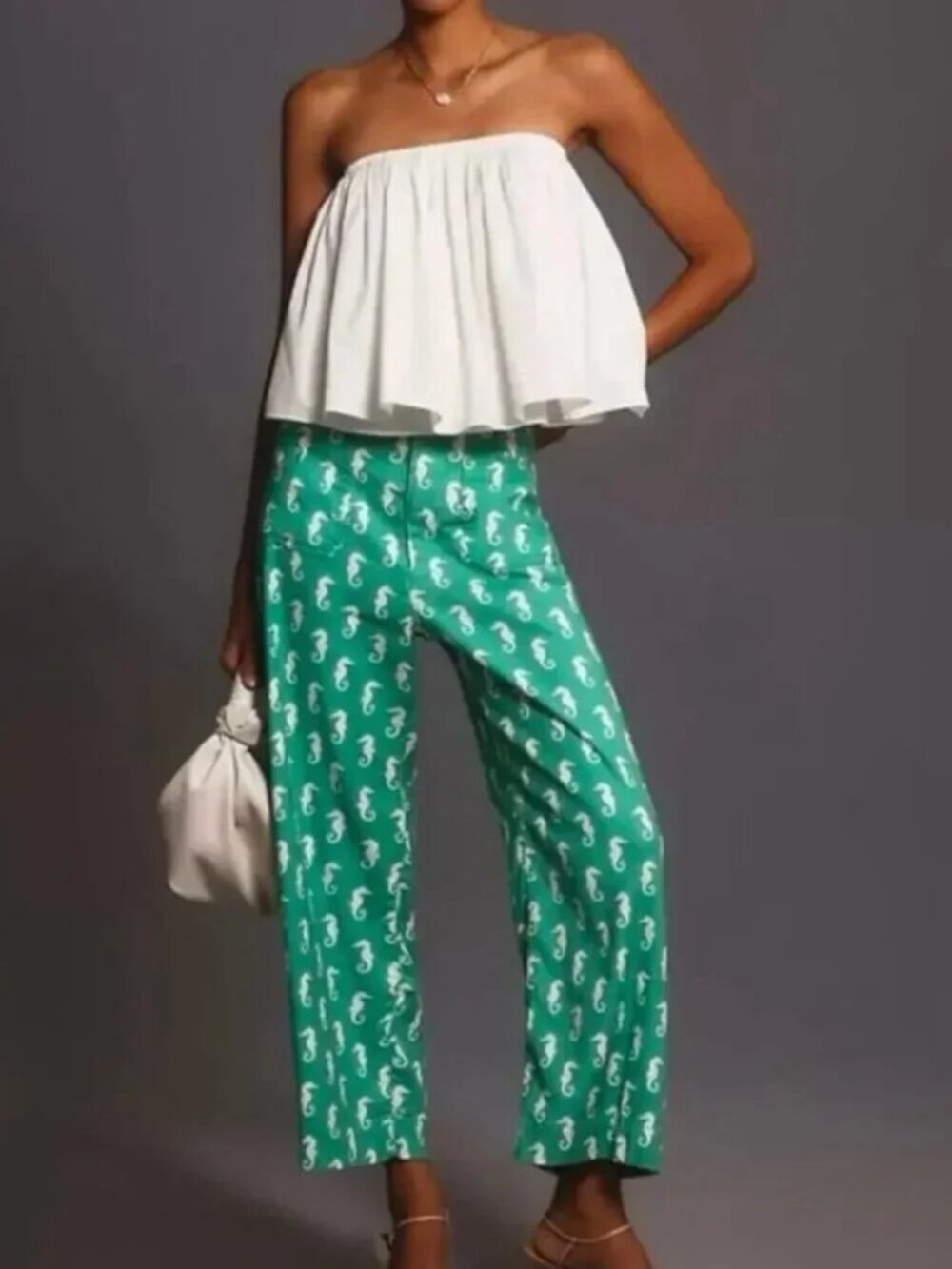 Anthropologie Maeve Colette Linen Blend Wide Leg Seahorse Print Pants 25P